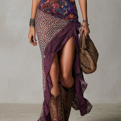 Purple Urban Nomadic Leopard Print Floral High-Slit Maxi Dress