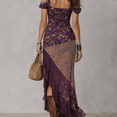 Purple Urban Nomadic Leopard Print Floral High-Slit Maxi Dress