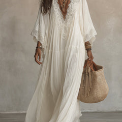 Celeste ivory gauze maxi dress with lace trim, front view