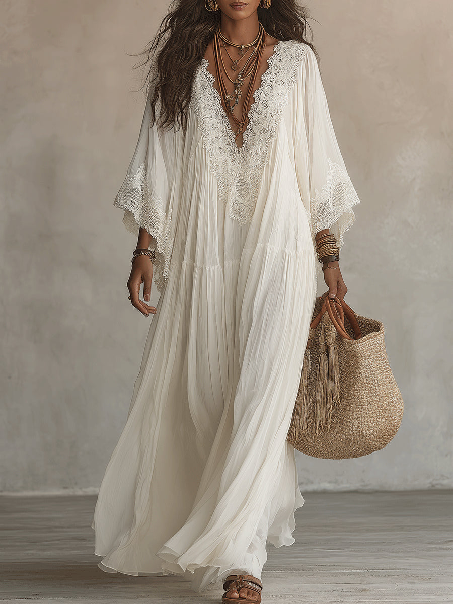 Celeste ivory gauze maxi dress with lace trim, front view