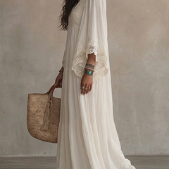 Celeste dress deep V-neckline with white lace trim