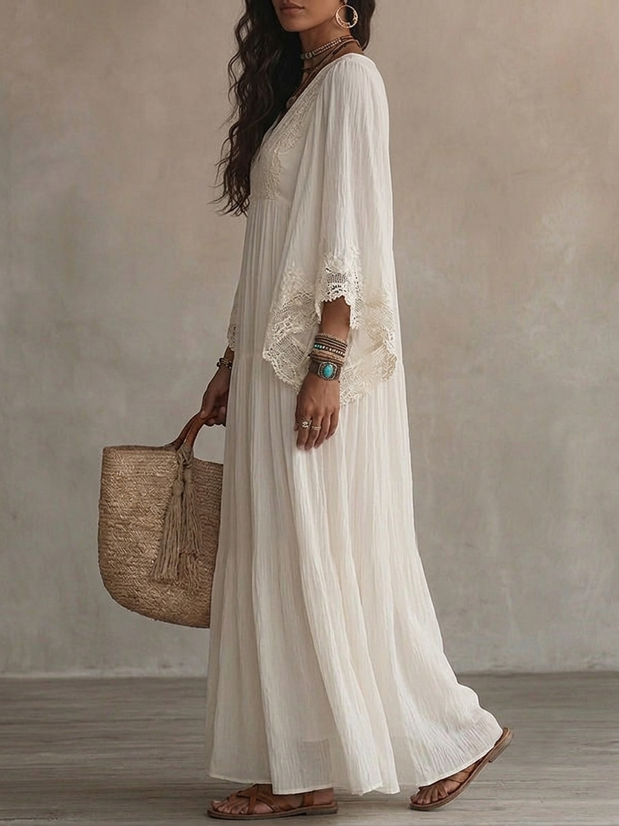 Celeste dress deep V-neckline with white lace trim