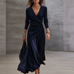 Navy maxi dress with textured ribbed fabric and satin panels