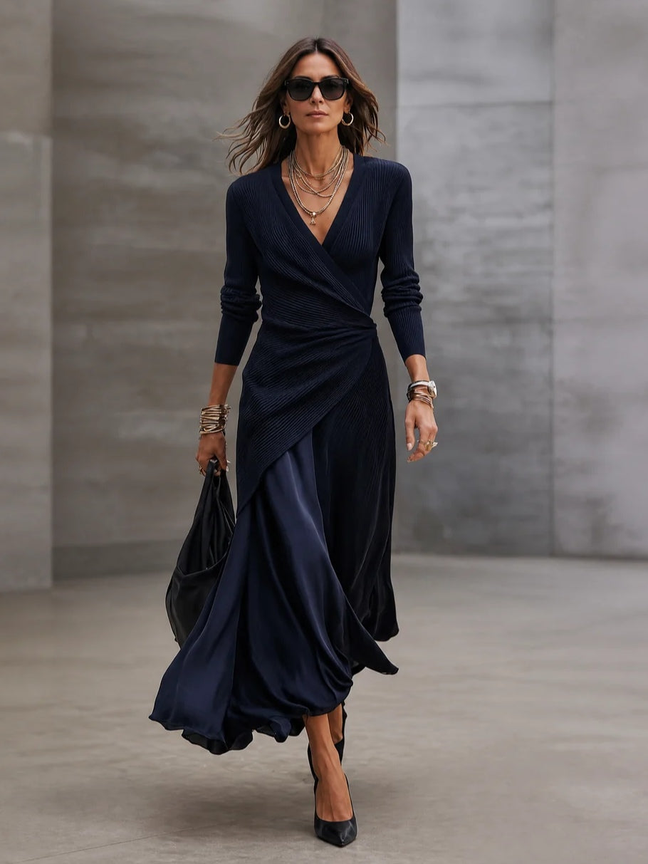 Navy maxi dress with textured ribbed fabric and satin panels