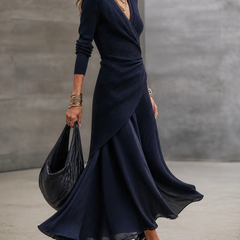 Navy long-sleeve maxi dress with V-neckline, front view