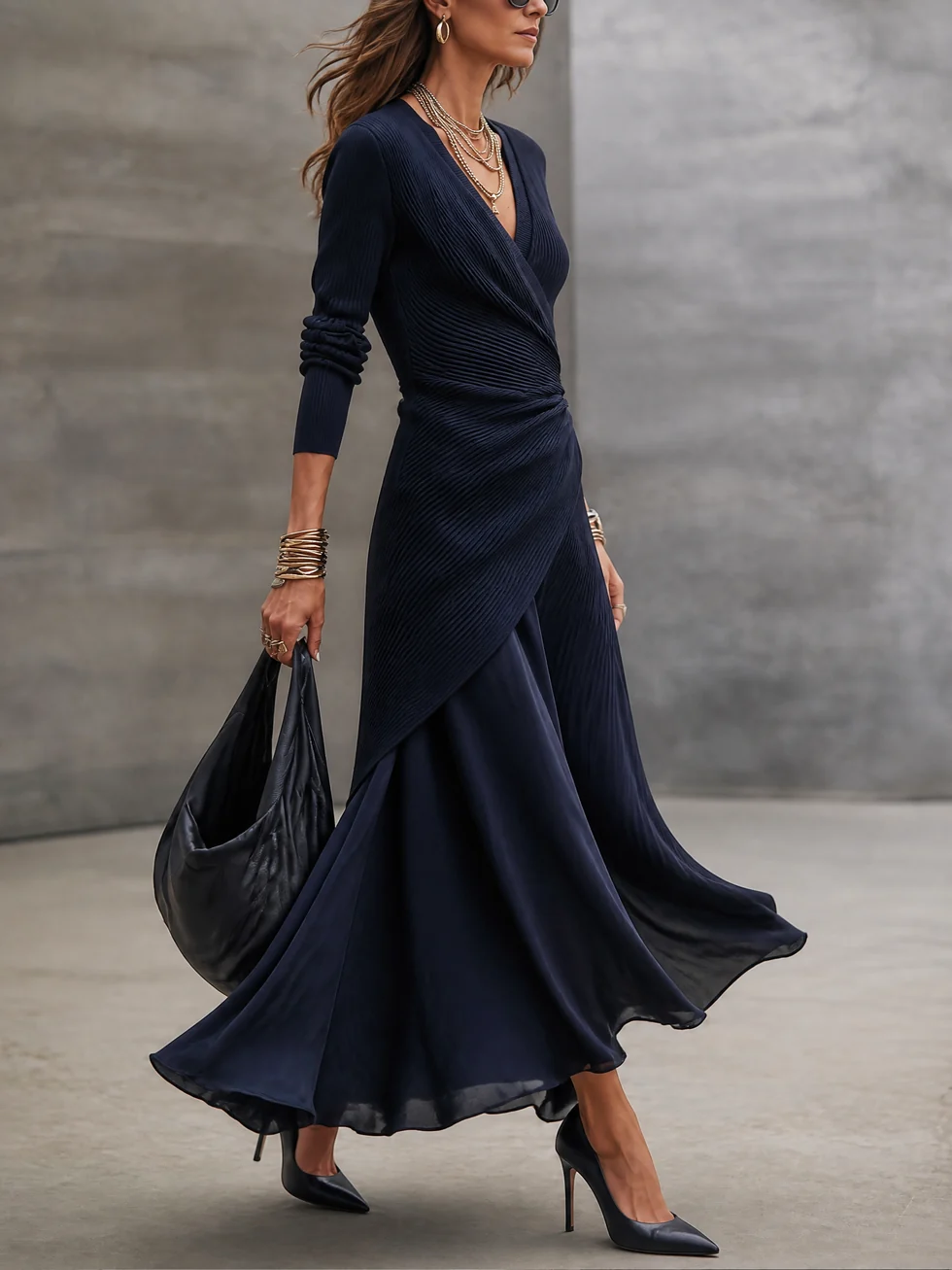 Navy long-sleeve maxi dress with V-neckline, front view