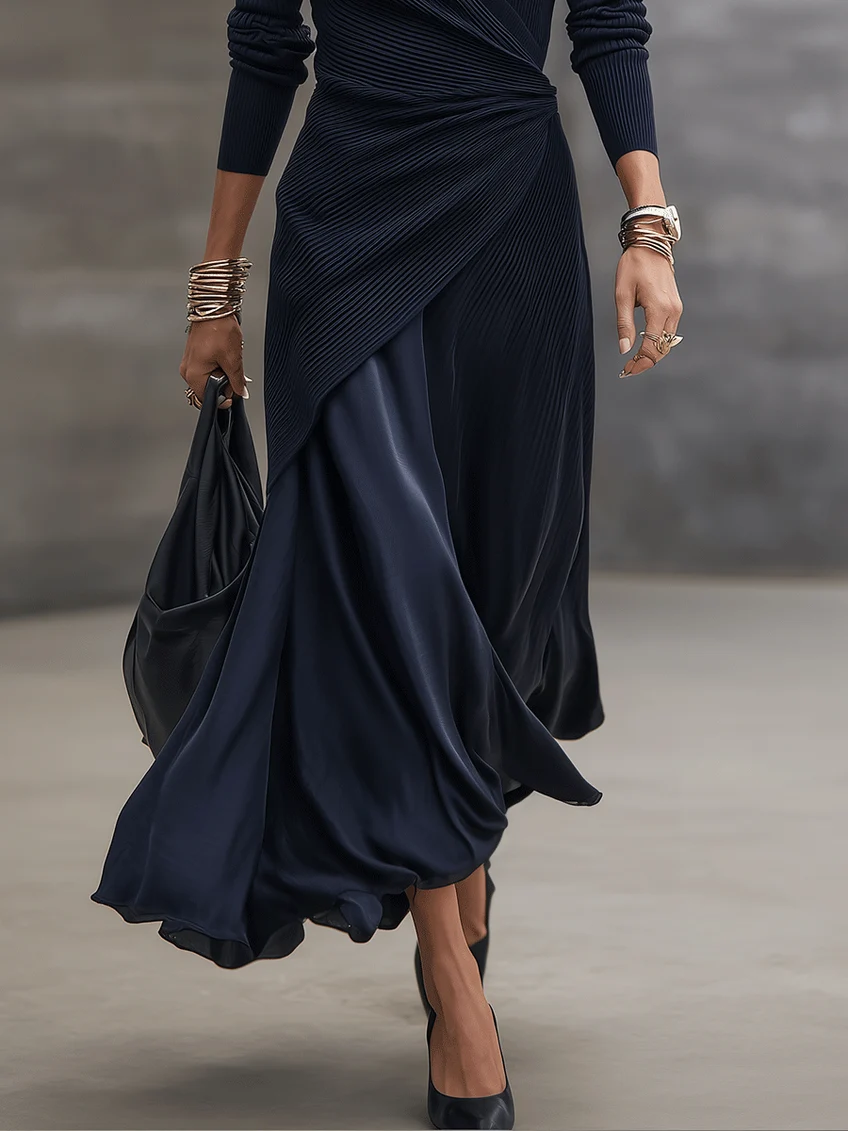 Navy maxi dress detail of V-neckline and long sleeves