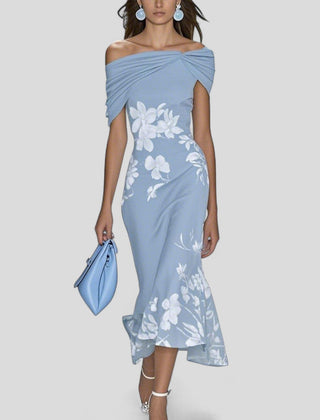 Women's relaxed midi dress with statement print in blue
