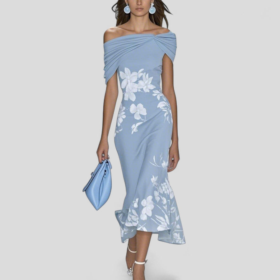 Women's relaxed midi dress with statement print in blue