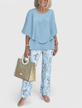 Women's loose two-piece set in sky blue with floral pants