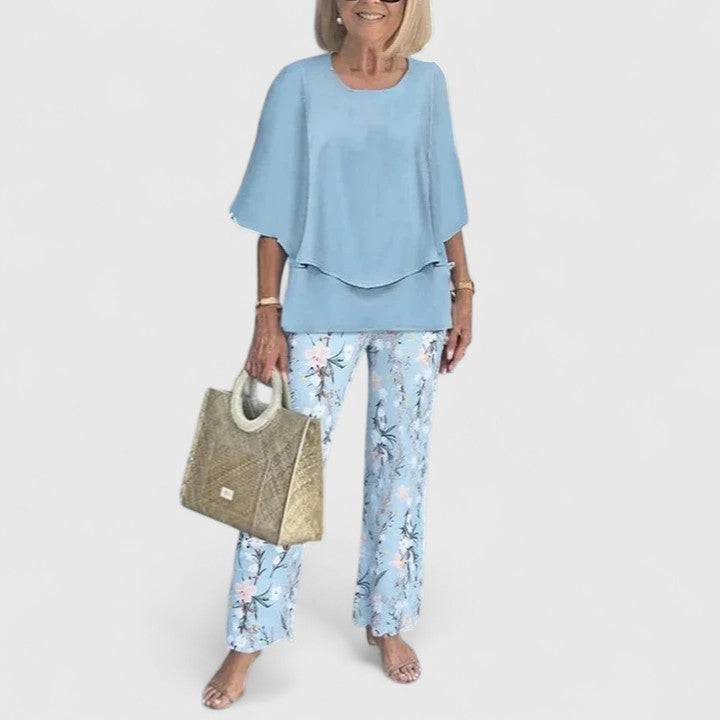 Women's loose two-piece set in sky blue with floral pants