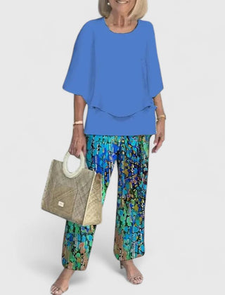Women's loose two-piece set in cobalt blue with teal print pants