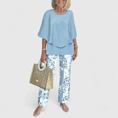 Women's loose two-piece set in light blue with leaf print pants