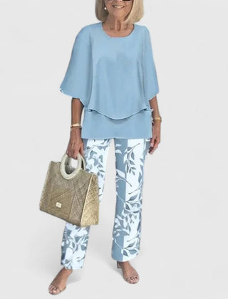 Women's loose two-piece set in light blue with leaf print pants
