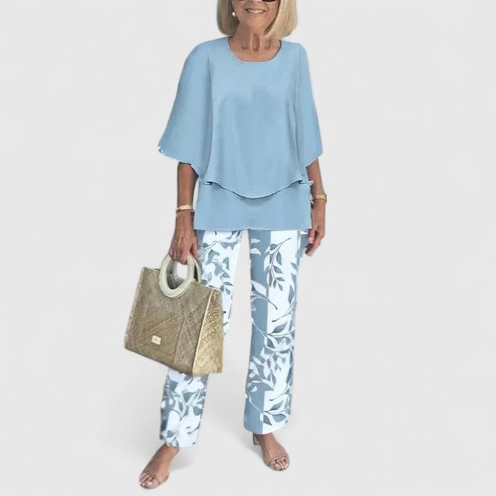 Women's loose two-piece set in light blue with leaf print pants