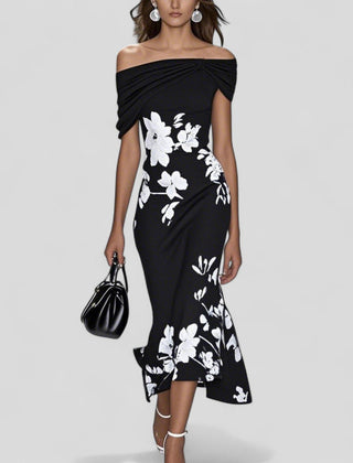 Women's relaxed midi dress with statement print in black