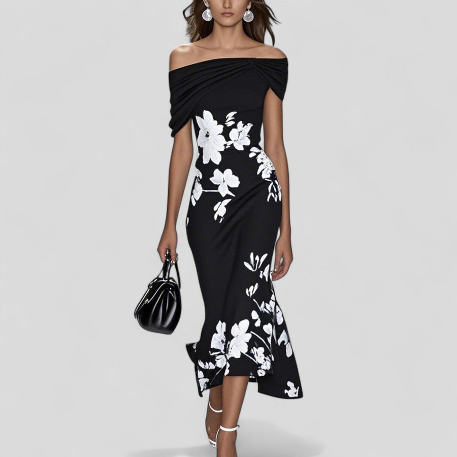 Women's relaxed midi dress with statement print in black
