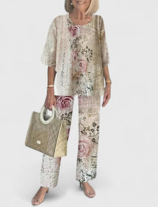 Women's two-piece set in cream with rose floral print