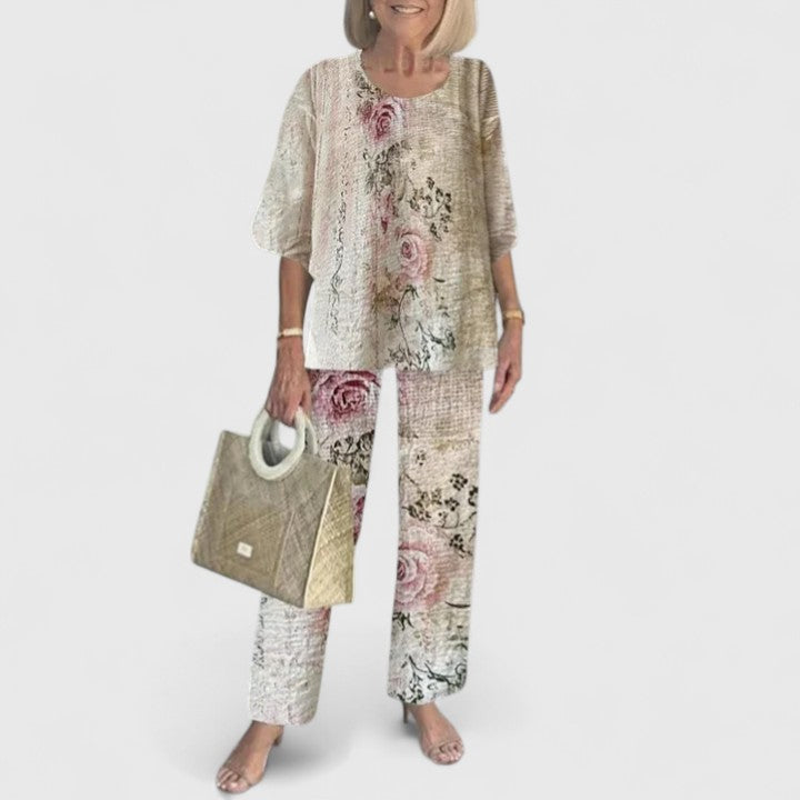 Women's two-piece set in cream with rose floral print