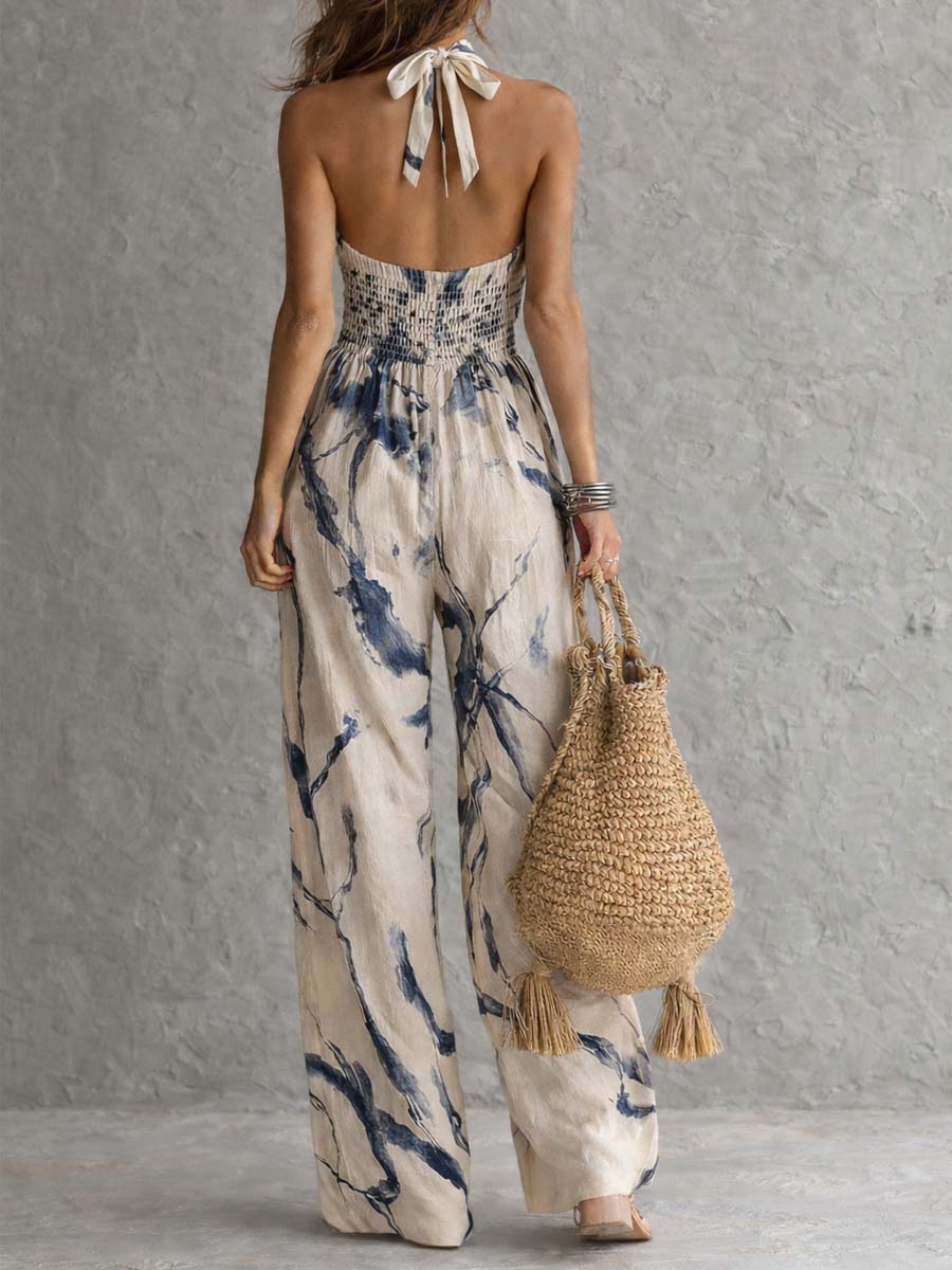 Women's wide-leg halter neck jumpsuit with printed pattern, second view