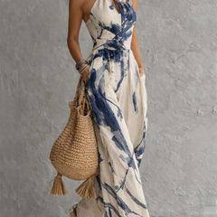 Women's wide-leg halter neck jumpsuit with printed pattern, third view