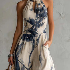 Women's wide-leg halter neck jumpsuit with printed pattern, fourth view