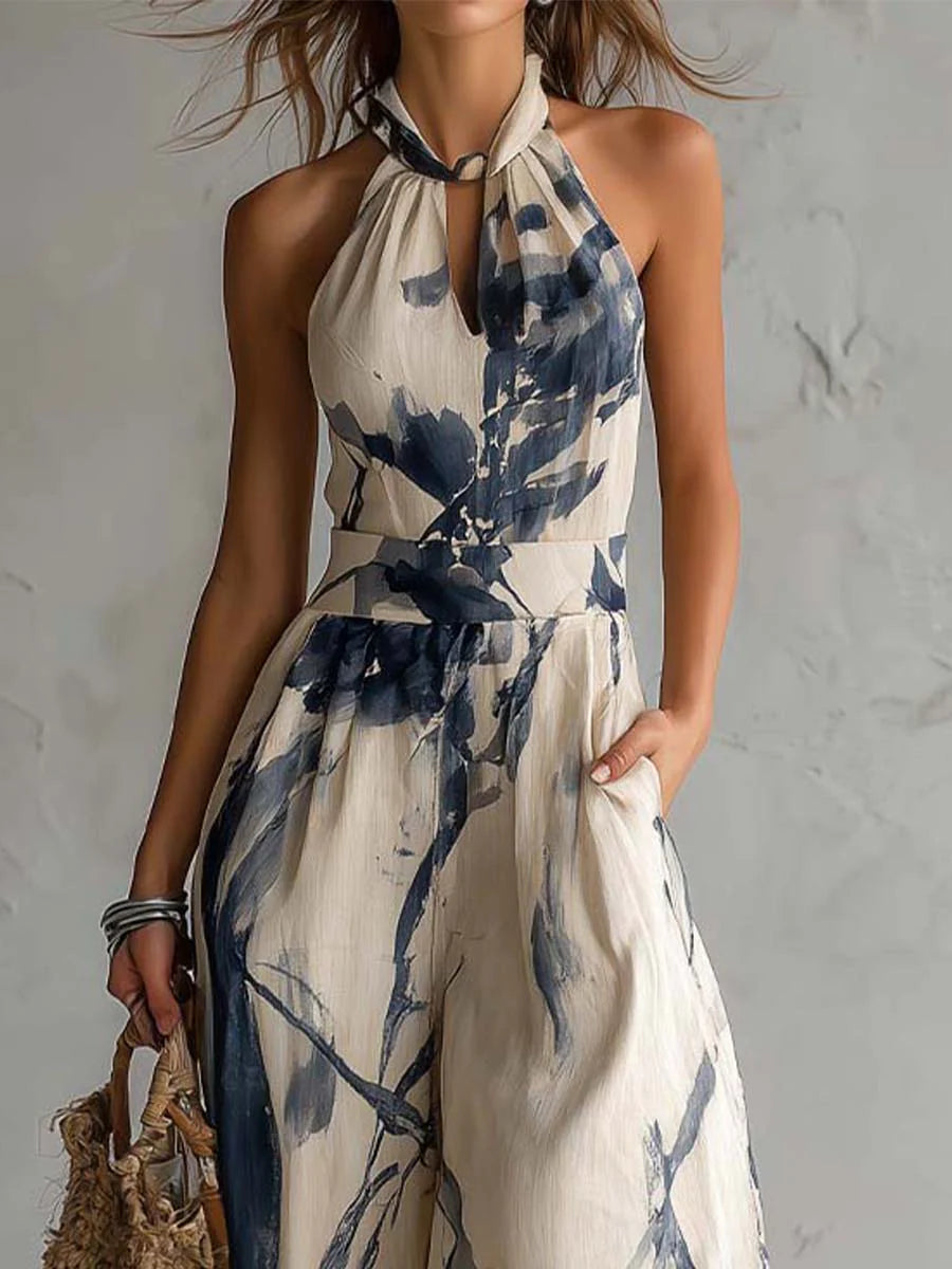 Women's wide-leg halter neck jumpsuit with printed pattern, fourth view