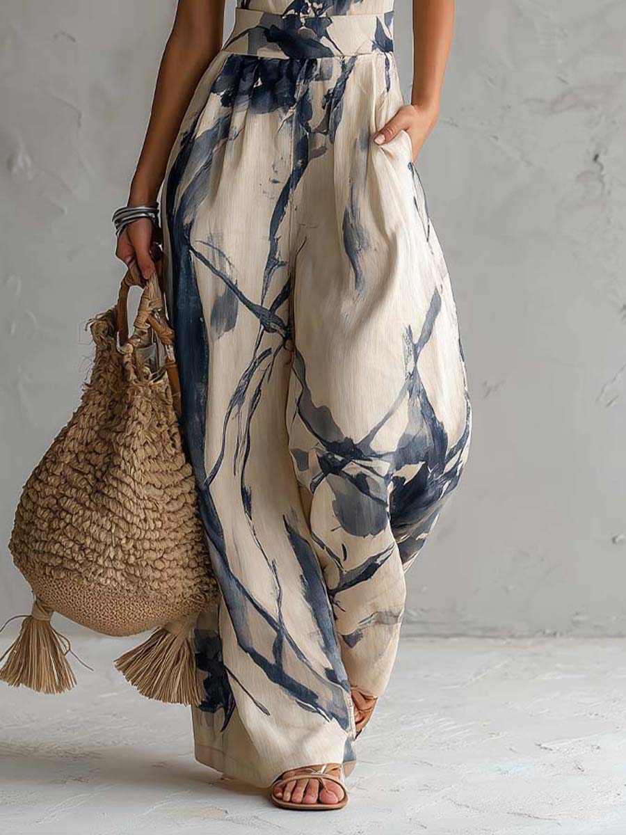 Women's wide-leg halter neck jumpsuit with printed pattern, fifth view