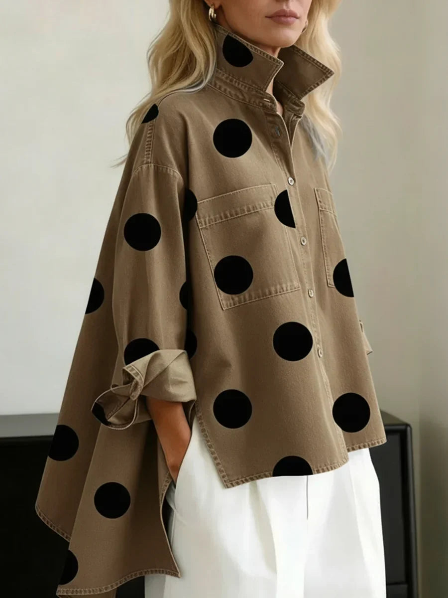 Women's khaki polka dot button-up shirt with spread collar and chest pockets.