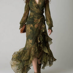 Women's green floral wrap maxi dress with V-neck, long sleeves and tiered ruffle hem.