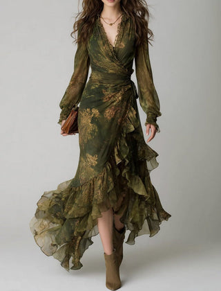 Women's green floral wrap maxi dress with V-neck, long sleeves and tiered ruffle hem.