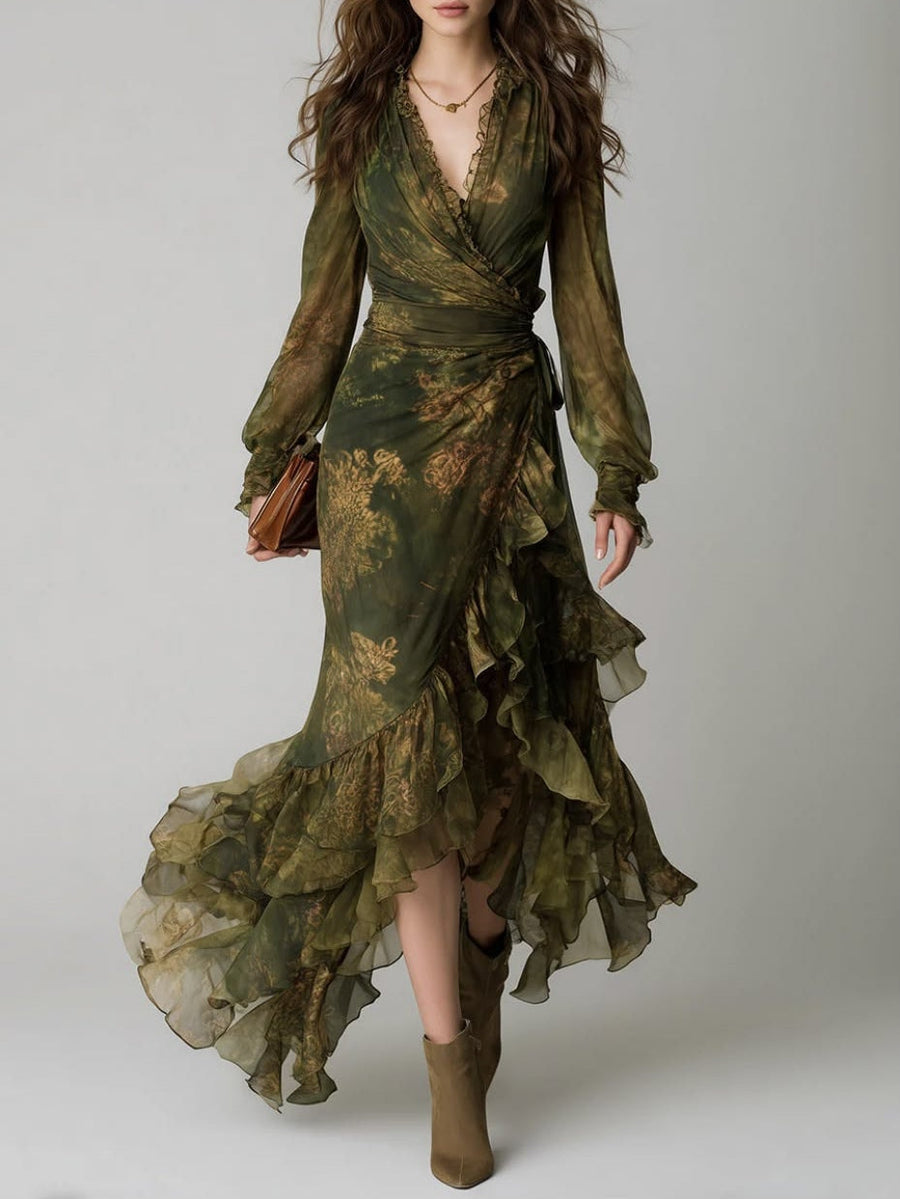 Women's green floral wrap maxi dress with V-neck, long sleeves and tiered ruffle hem.