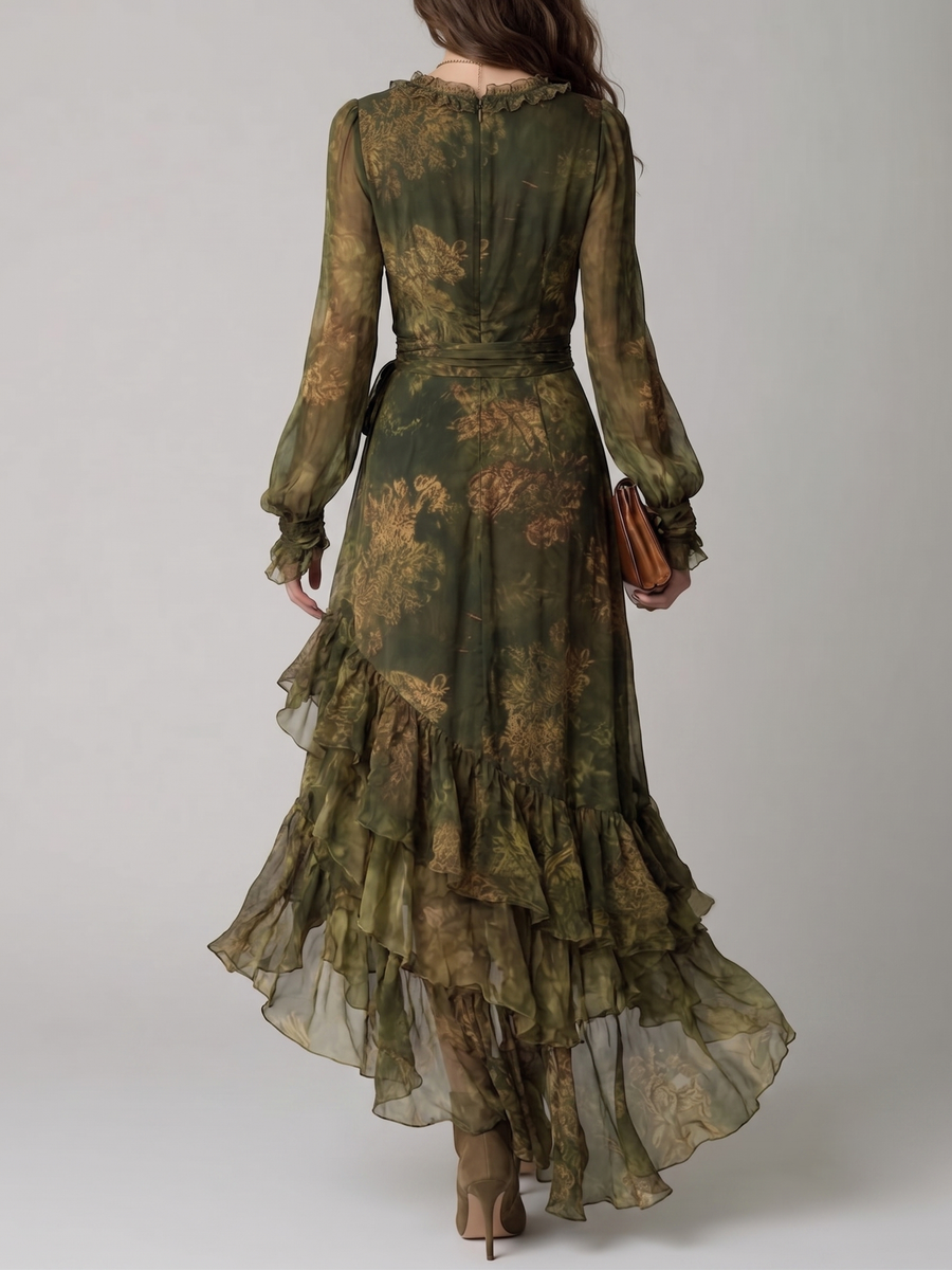 Flowing green floral maxi dress with a wrap bodice and ruffle hem.