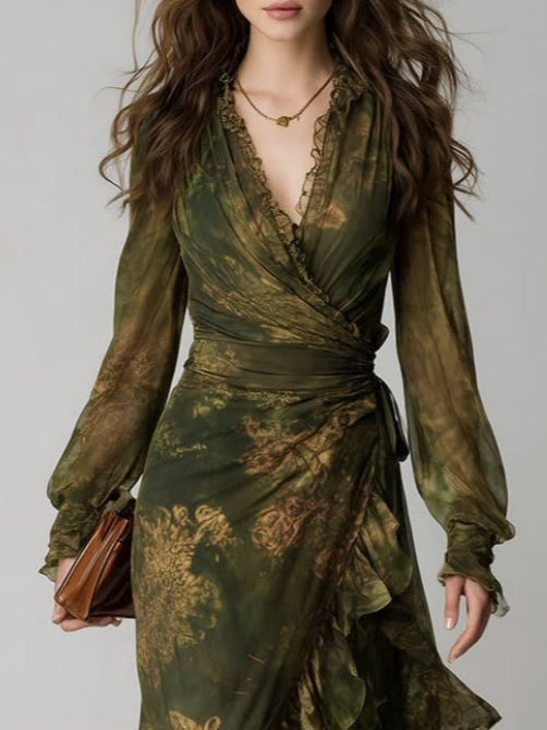 Long sleeve green floral wrap dress with V-neckline, shown in full length.