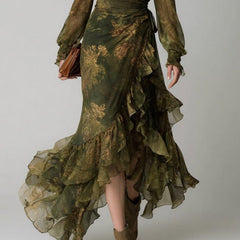 Green floral wrap maxi dress with cinched waist and tiered ruffle hem.
