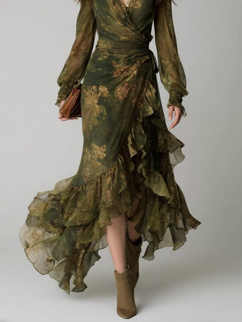 Green floral wrap maxi dress with cinched waist and tiered ruffle hem.