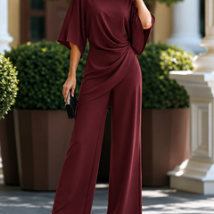 Women's wine red two-piece set with cape-sleeve top and wide-leg trousers