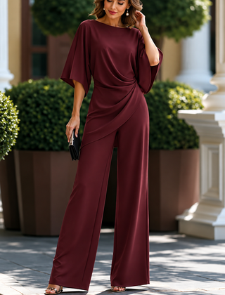 Women's wine red two-piece set with cape-sleeve top and wide-leg trousers