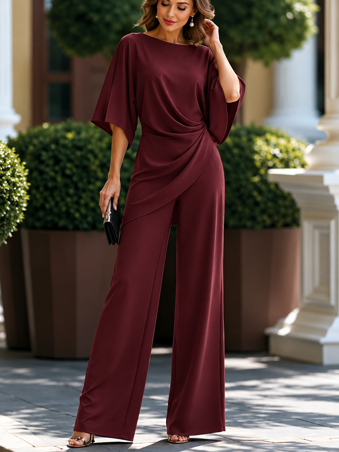 Women's wine red two-piece set with cape-sleeve top and wide-leg trousers