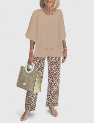 Women's loose two-piece set in camel with ditsy print pants