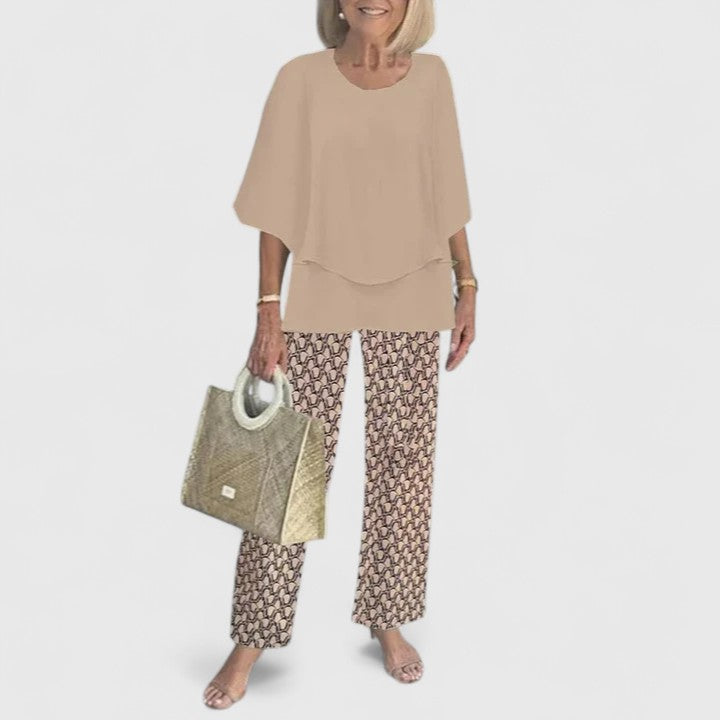 Women's loose two-piece set in camel with ditsy print pants