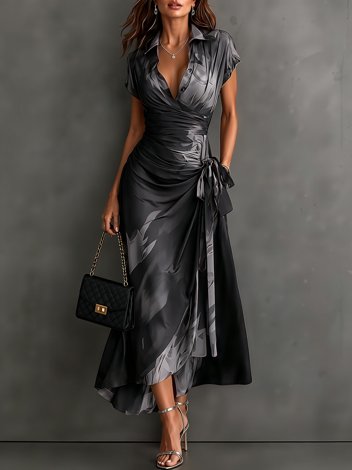 Abstract Print Wrap Midi Dress – Brown
