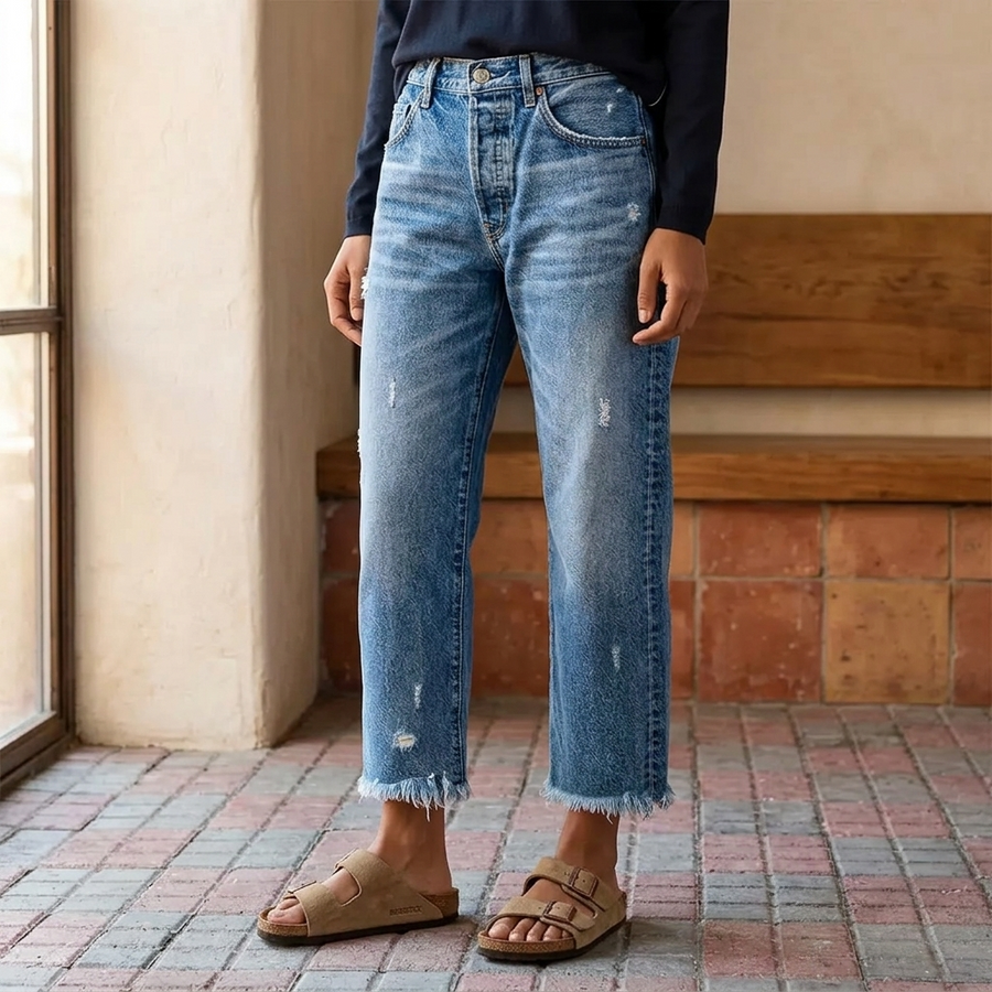 Women's relaxed cropped straight leg jeans with a retro fringed raw hem, front view.