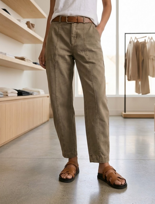 Women's high-waisted tailored utility pants in warm khaki