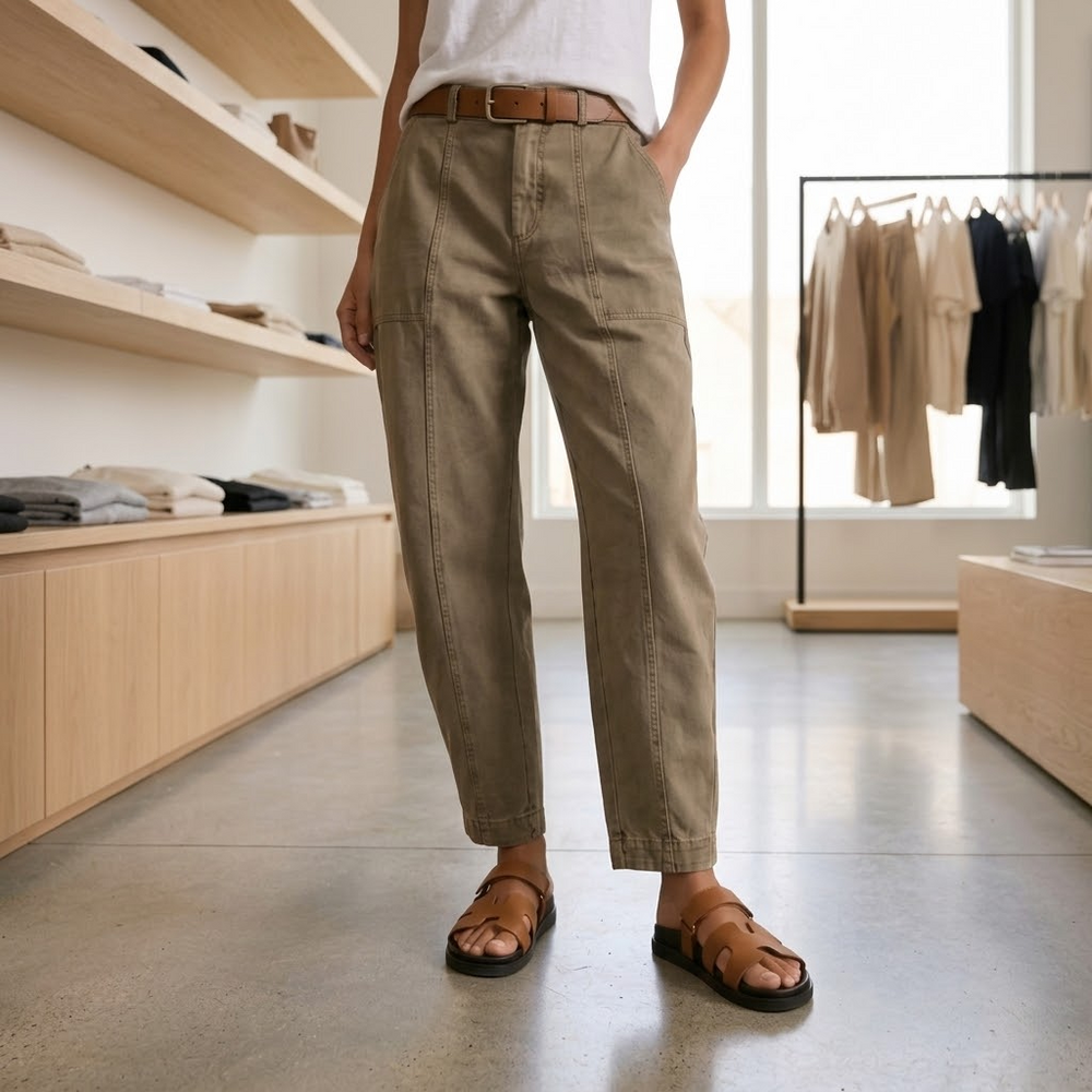 Women's high-waisted tailored utility pants in warm khaki