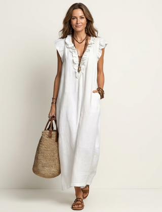 Josette Ruffle V-Neck Linen Maxi Dress - White