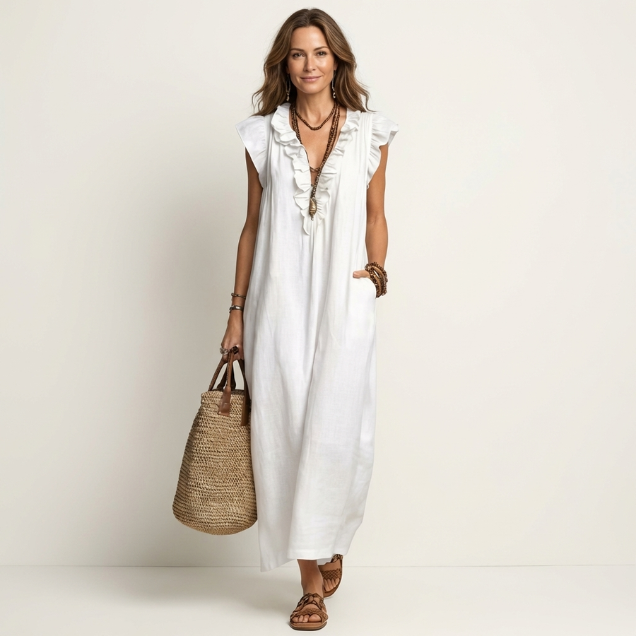 Josette Ruffle V-Neck Linen Maxi Dress - White