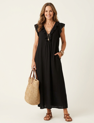 Josette Ruffle V-Neck Linen Maxi Dress - Black
