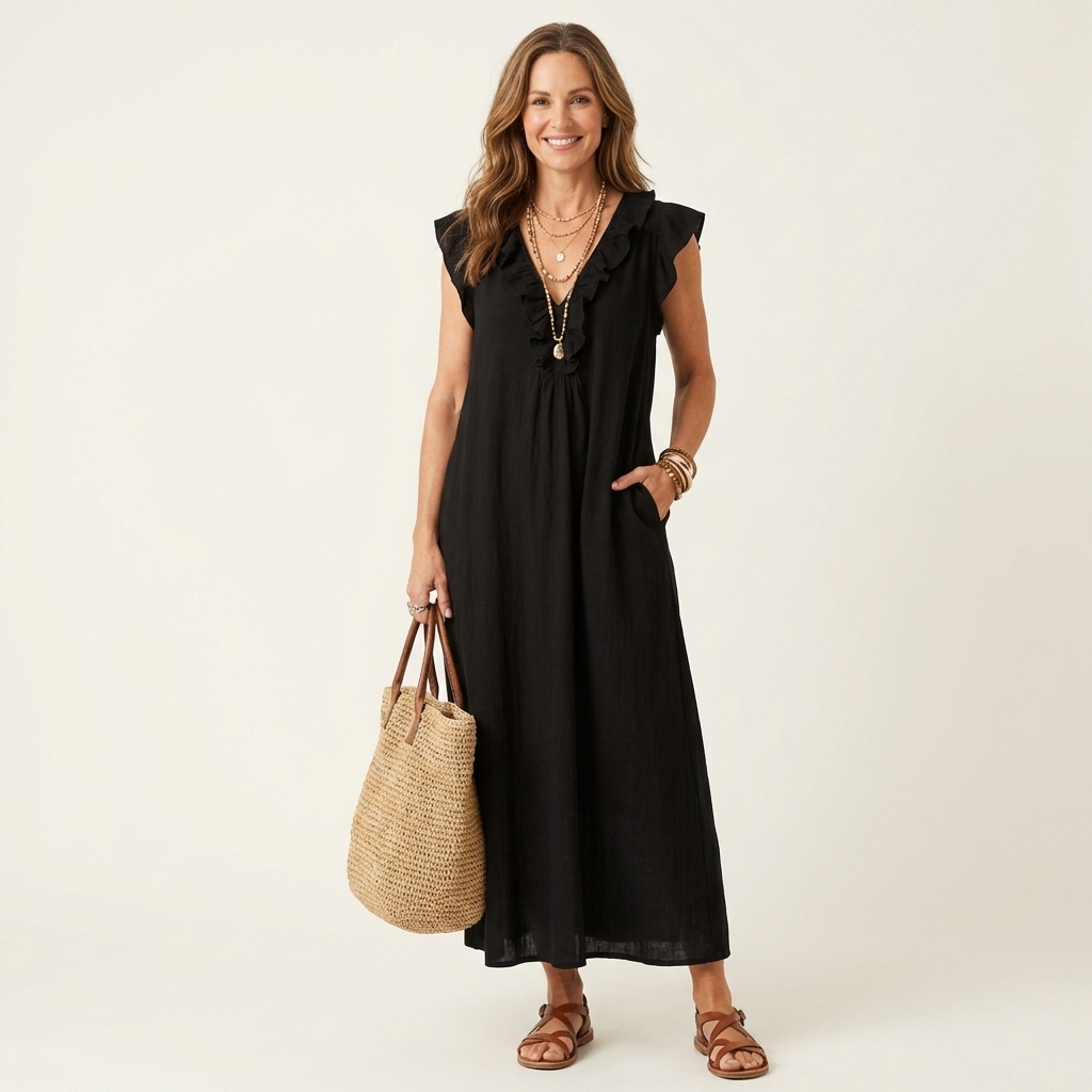 Josette Ruffle V-Neck Linen Maxi Dress - Black