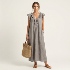 Josette Ruffle V-Neck Linen Maxi Dress - Gray